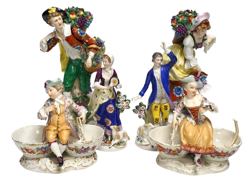 Four Samson porcelain figures and a pair of Dresden ‘children’ salts, tallest 23cm. Condition - salt handle broken